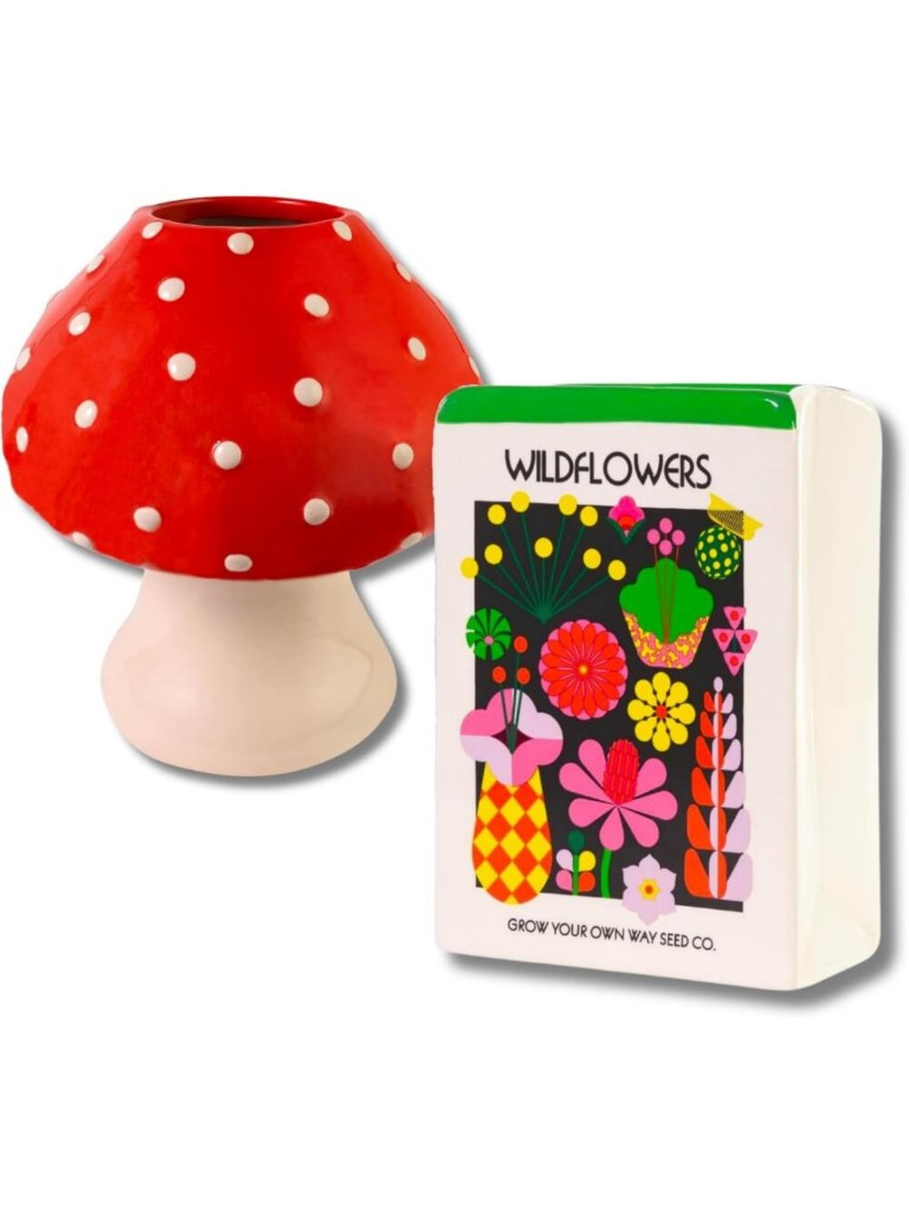Trendy Decorative Ceramic Mushroom Vase Bundle with Wildflower Seed Packet